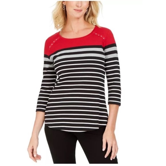Karen Scott Sport Colorblocked Striped Grommet Top - Picture 1 of 8